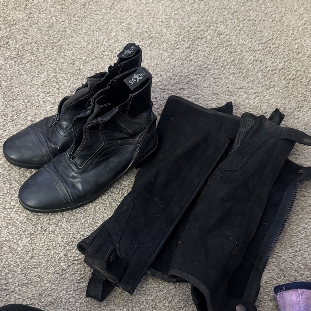 Black Leather Riding Boots with Zippered Half Chaps